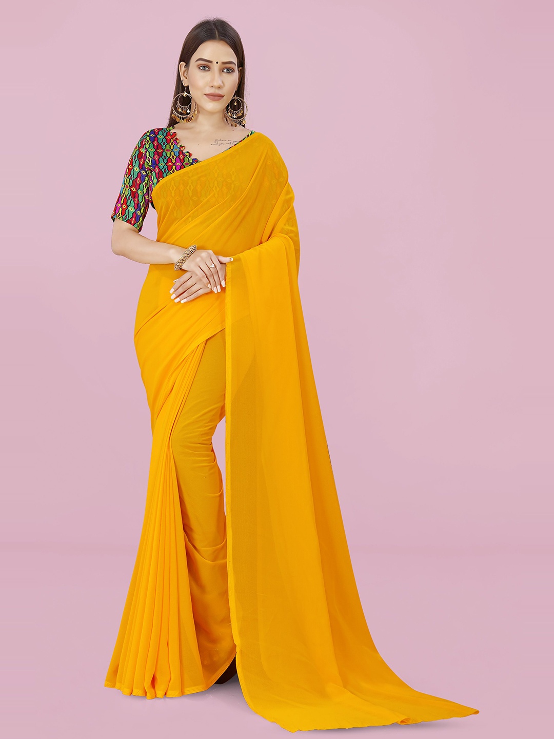 

ANAND SAREES Solid Poly Georgette Saree, Yellow