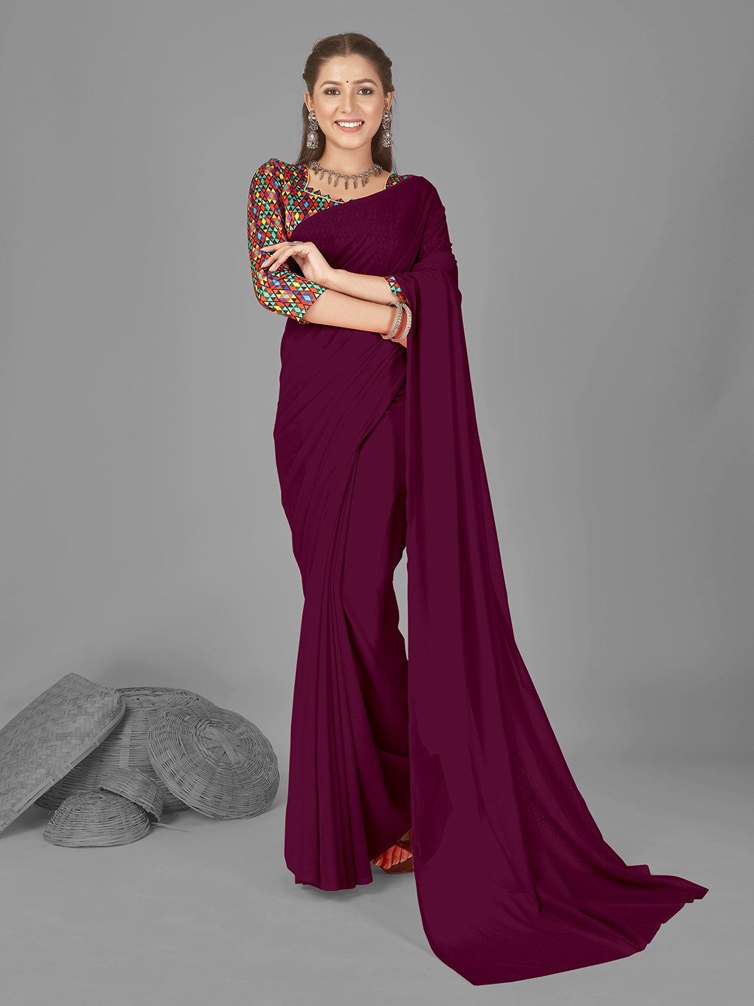 

ANAND SAREES Saree with Printed Blouse, Maroon