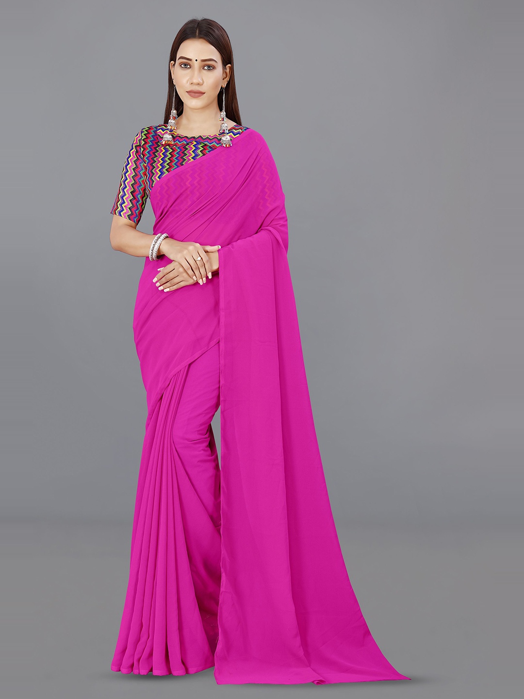 

ANAND SAREES Solid Poly Georgette Saree, Pink