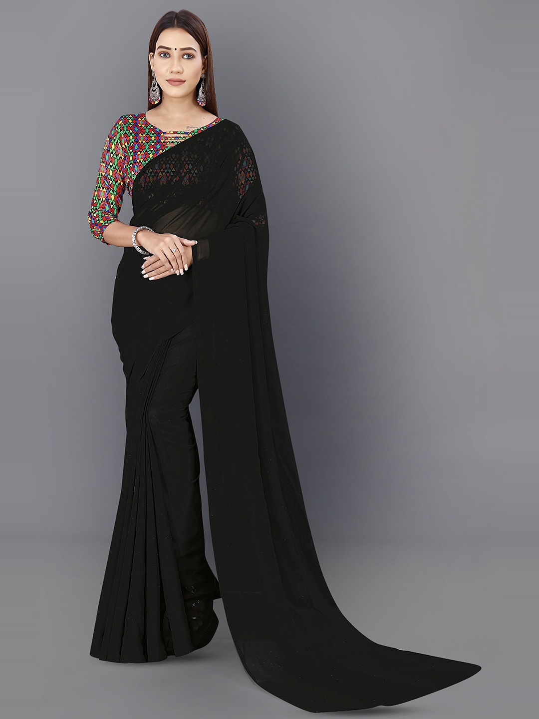 

ANAND SAREES Solid Poly Georgette Saree, Black