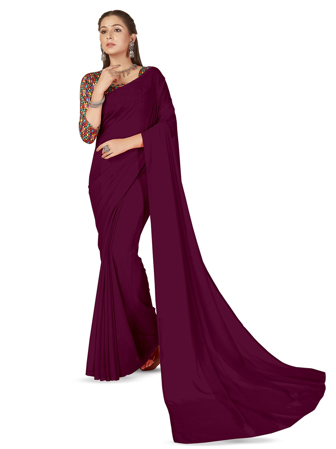 

ANAND SAREES Solid Georgette Saree, Brown