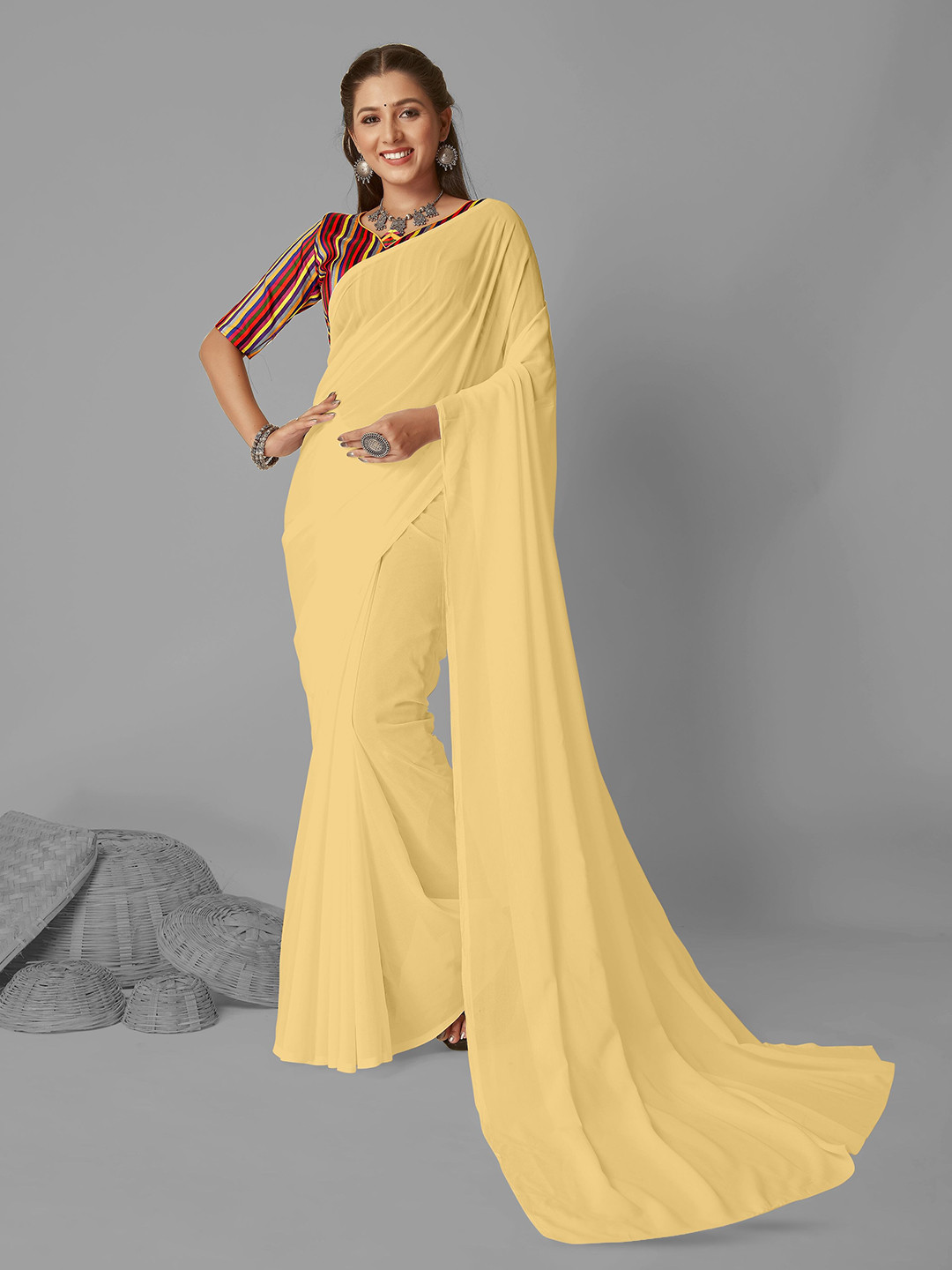 

ANAND SAREES Solid Saree, Beige