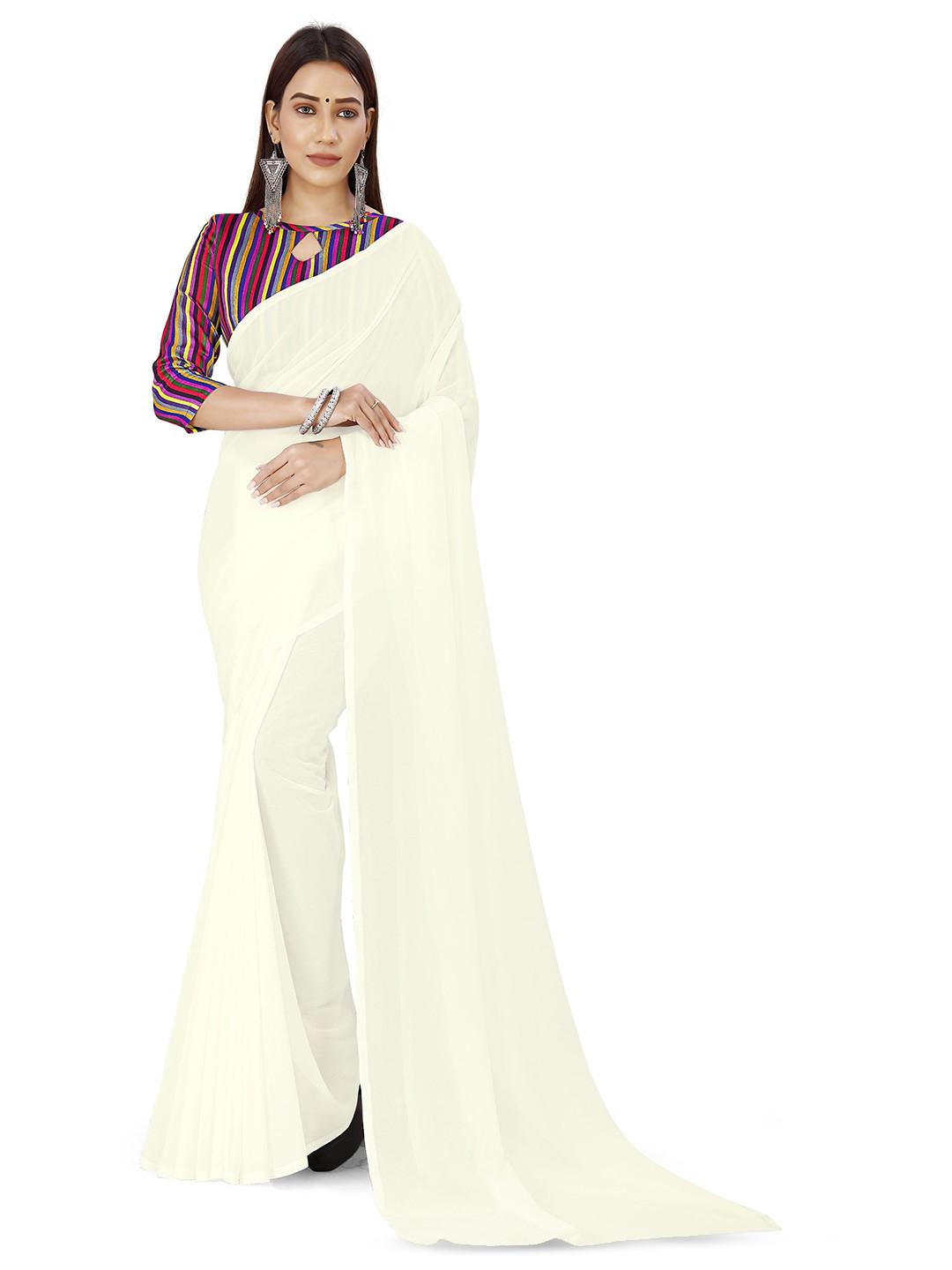 

ANAND SAREES Solid Poly Georgette Saree, White