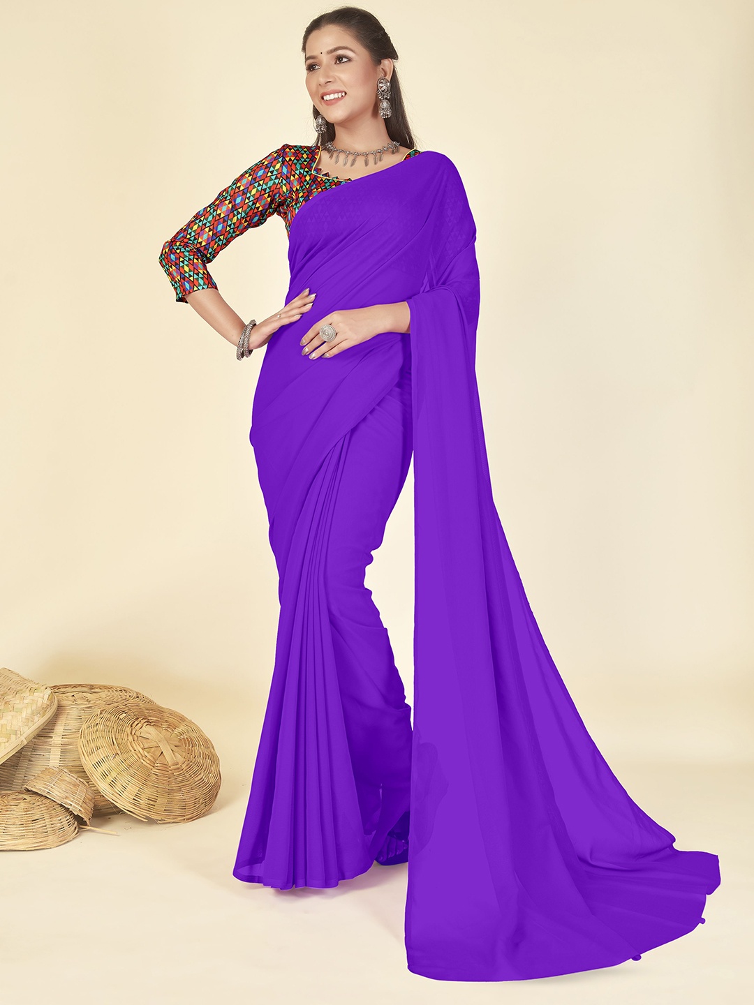 

ANAND SAREES Solid Poly Georgette Saree, Purple