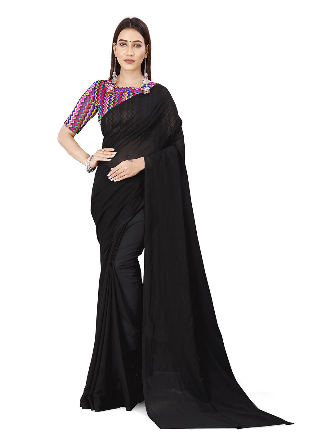 

ANAND SAREES Solid Poly Georgette Saree, Black