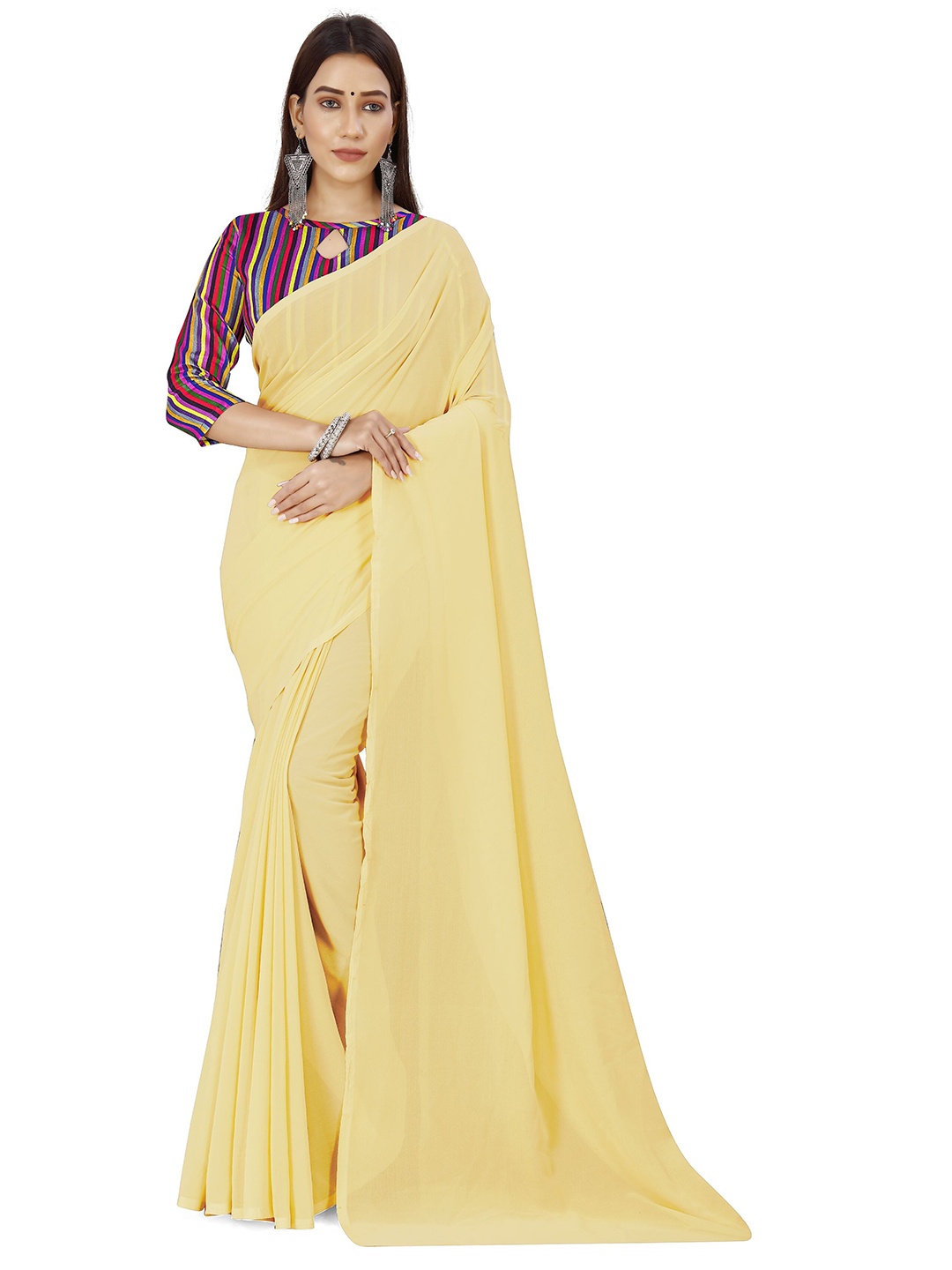 

ANAND SAREES Solid Poly Georgette Saree, Cream