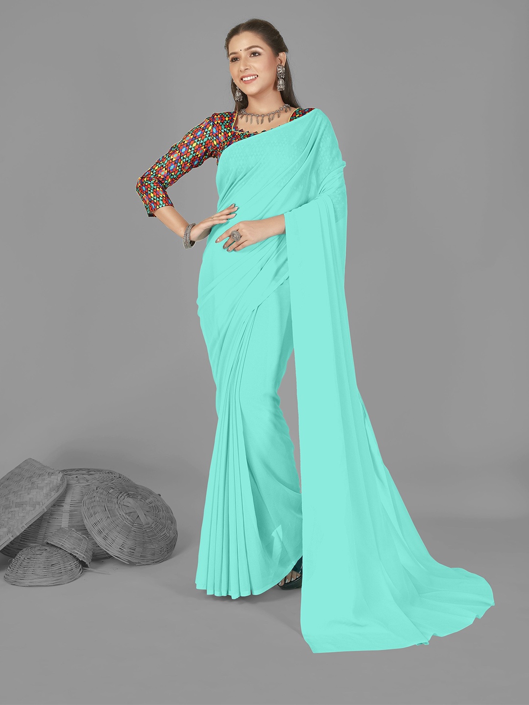 

ANAND SAREES Solid Poly Georgette Saree, Blue