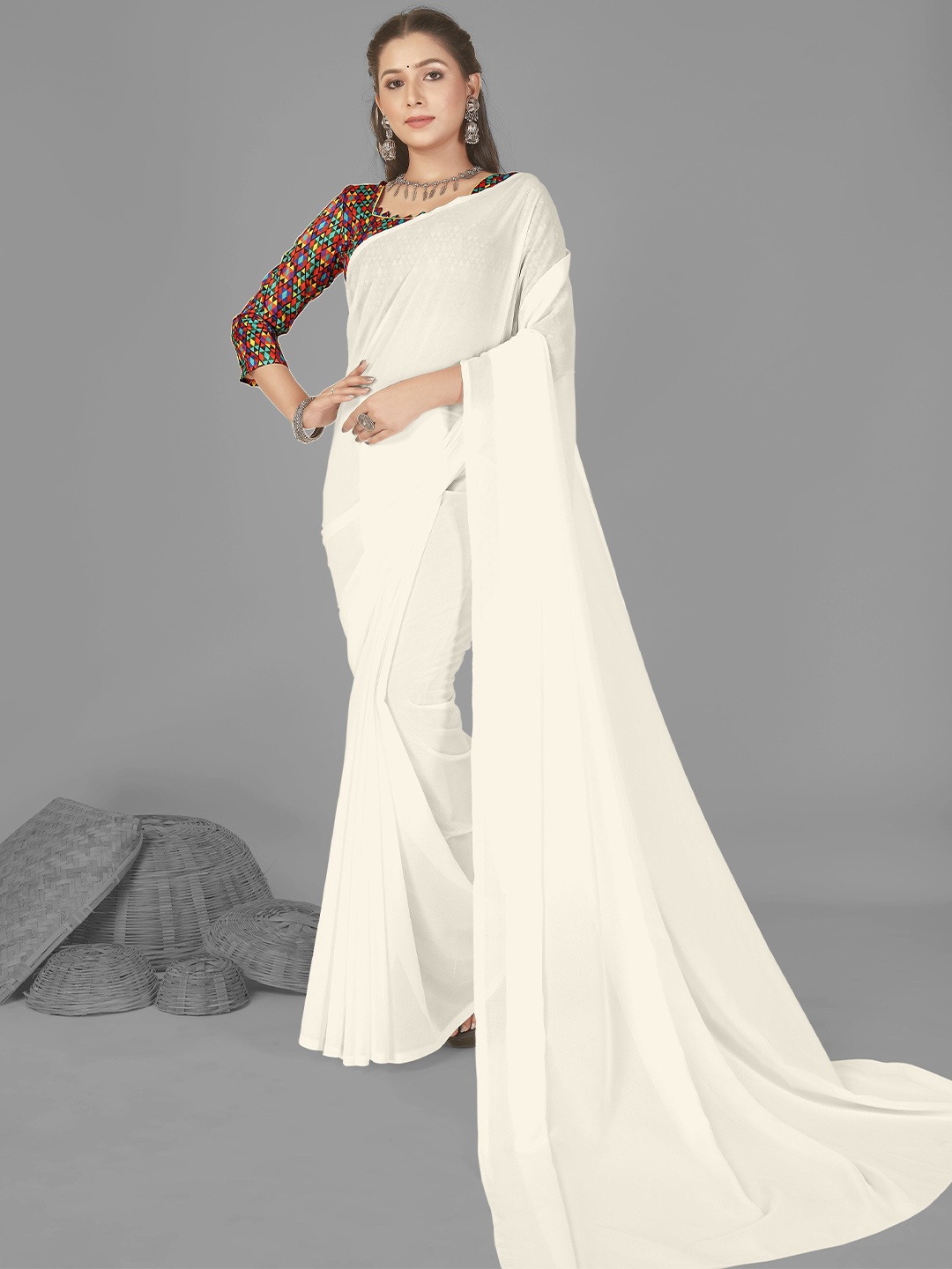 

ANAND SAREES Poly Georgette Saree, White