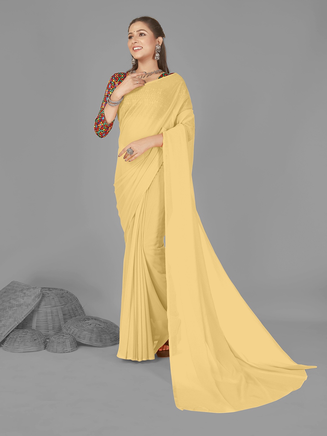 

ANAND SAREES Solid Poly Georgette Saree, Beige