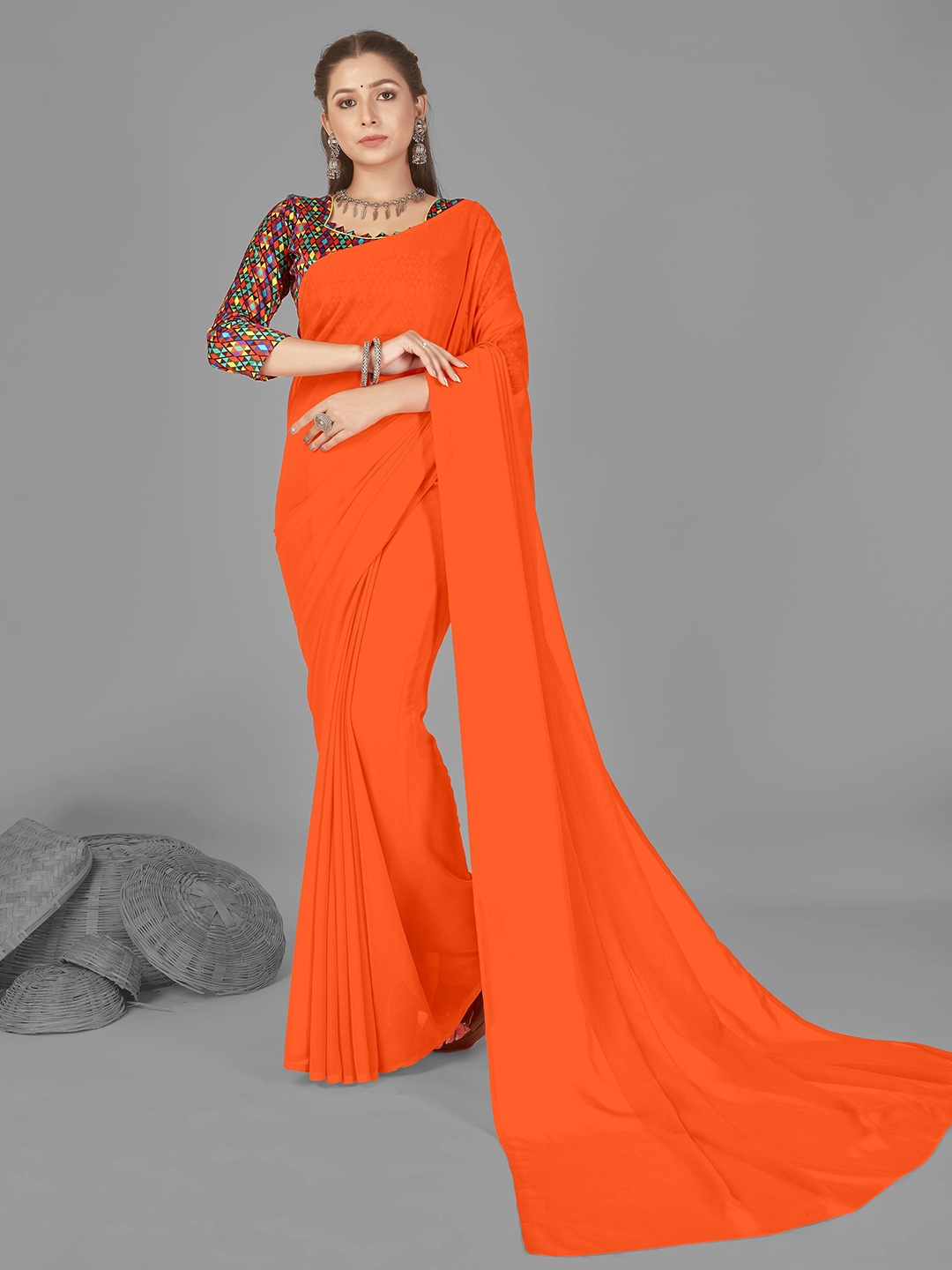 

ANAND SAREES Solid Poly Georgette Saree, Orange