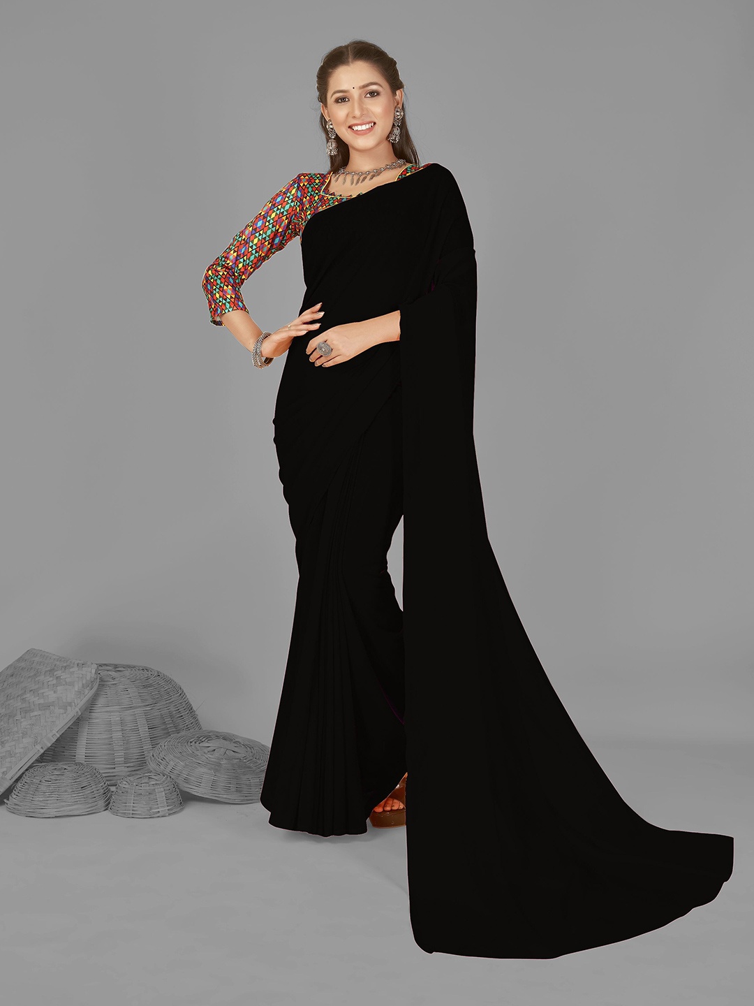 

ANAND SAREES Solid Poly Georgette Saree, Black