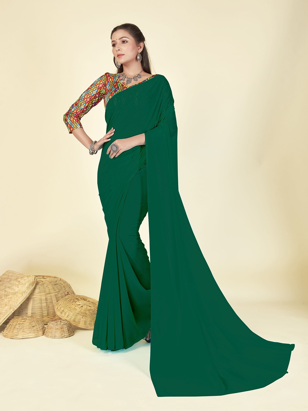 

ANAND SAREES Saree with Printed Blouse, Green