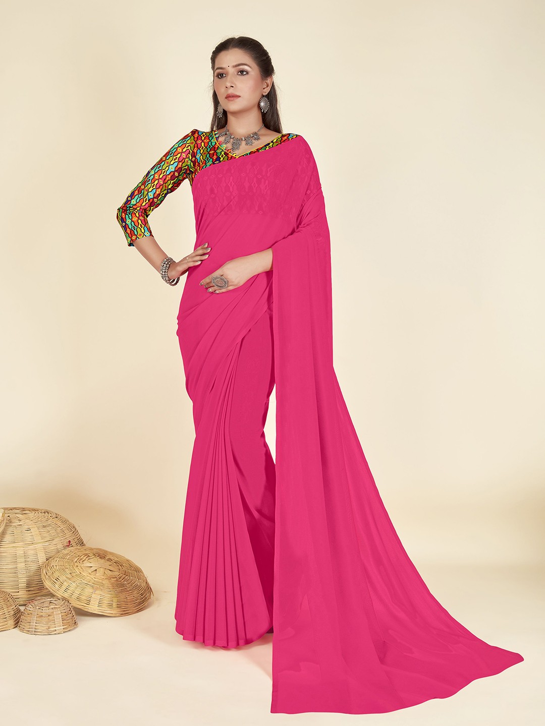 

ANAND SAREES Solid Ethnic Saree, Pink