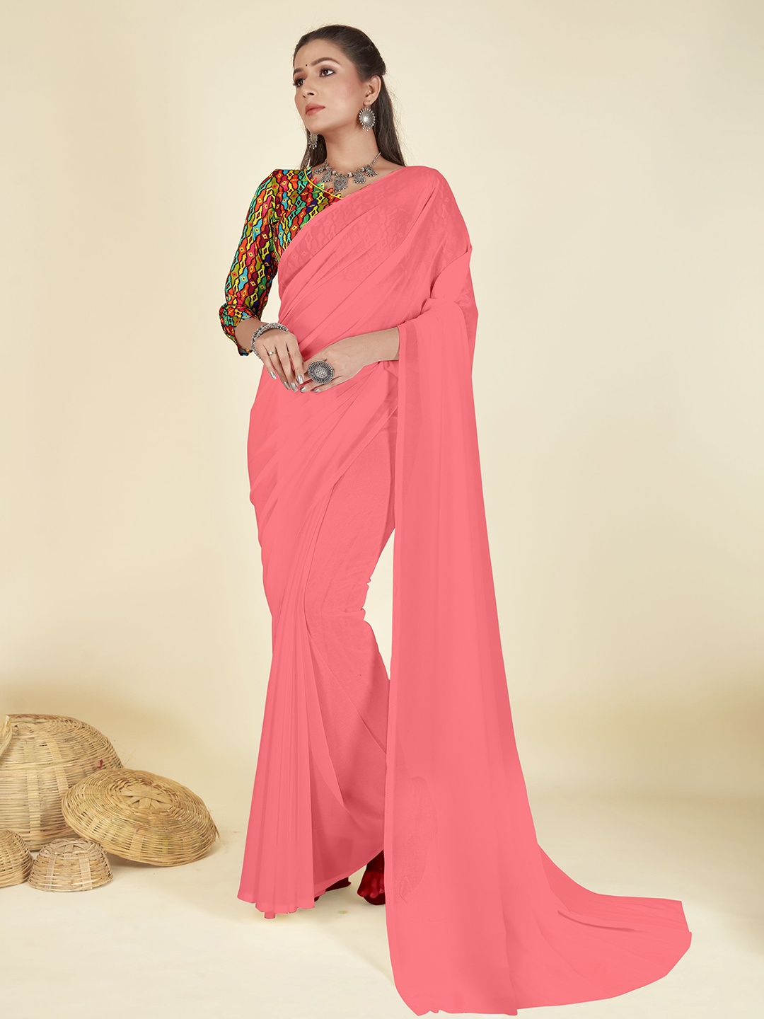

ANAND SAREES Solid Saree, Pink