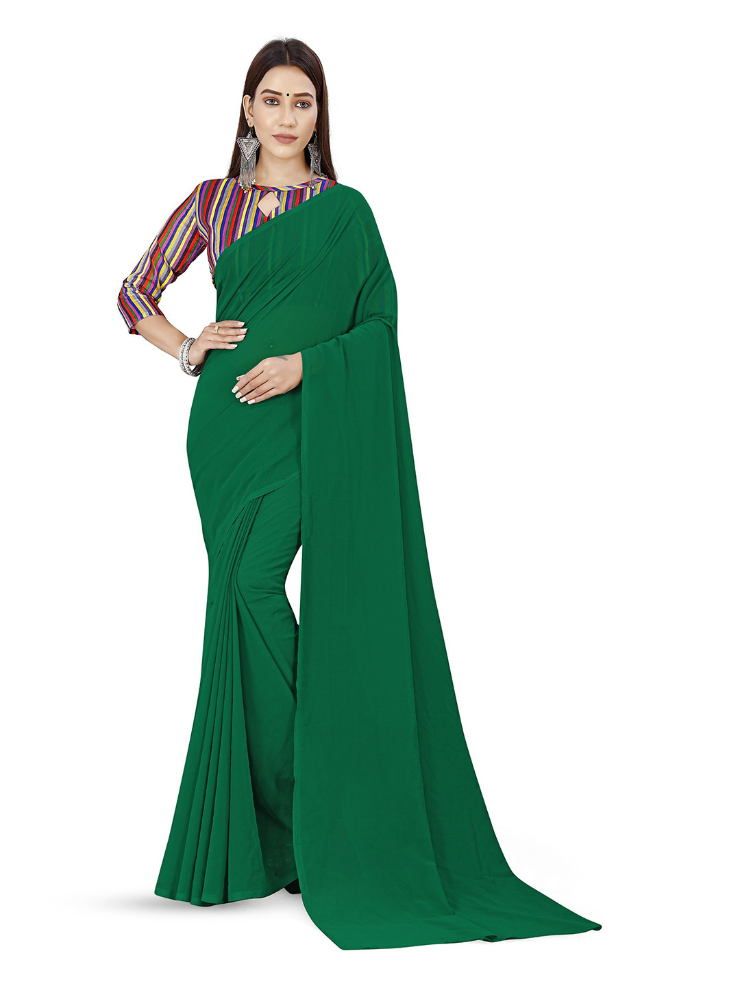 

ANAND SAREES Solid Georgette Saree, Green
