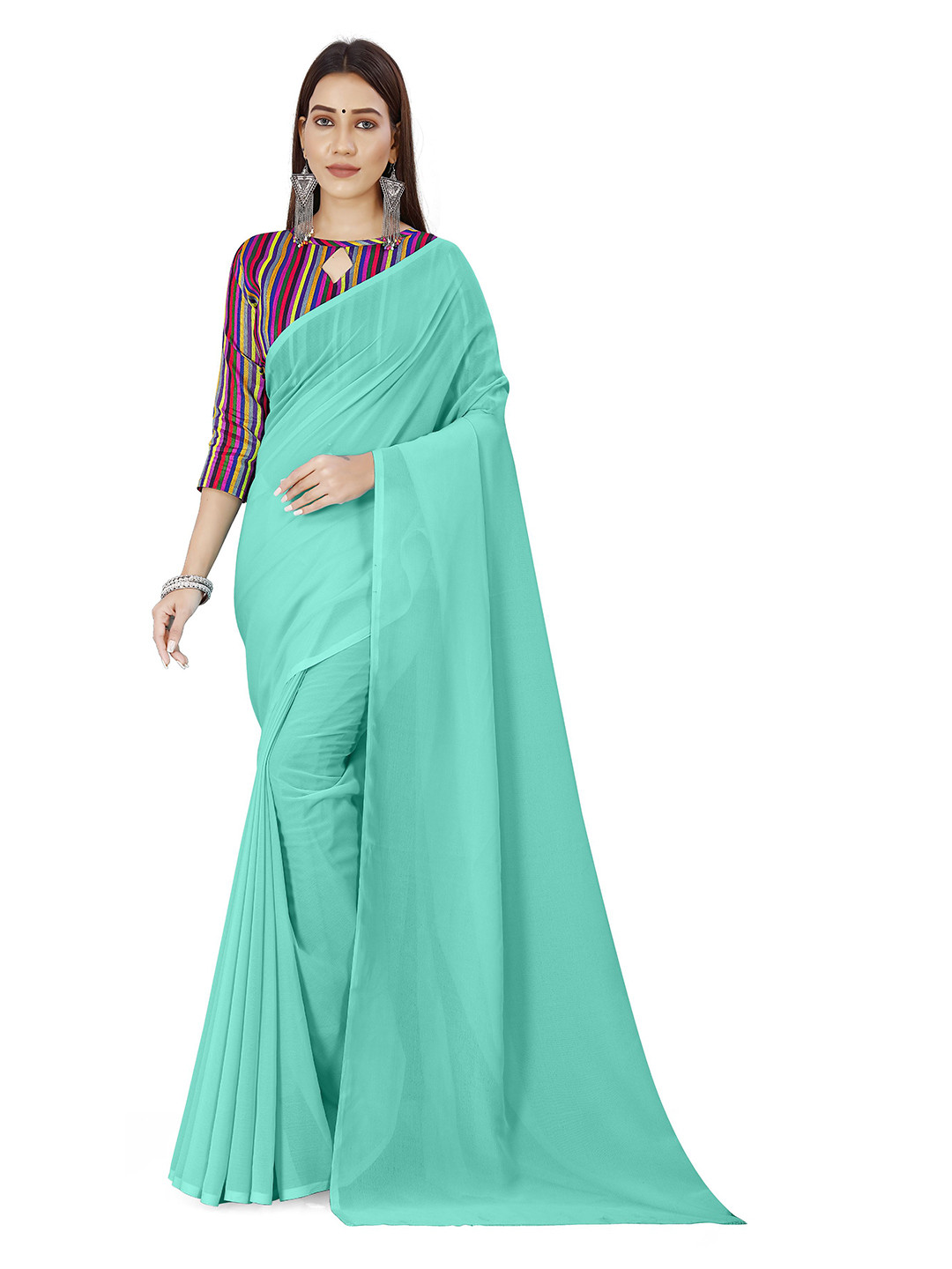 

ANAND SAREES Solid Poly Georgette Saree, Green