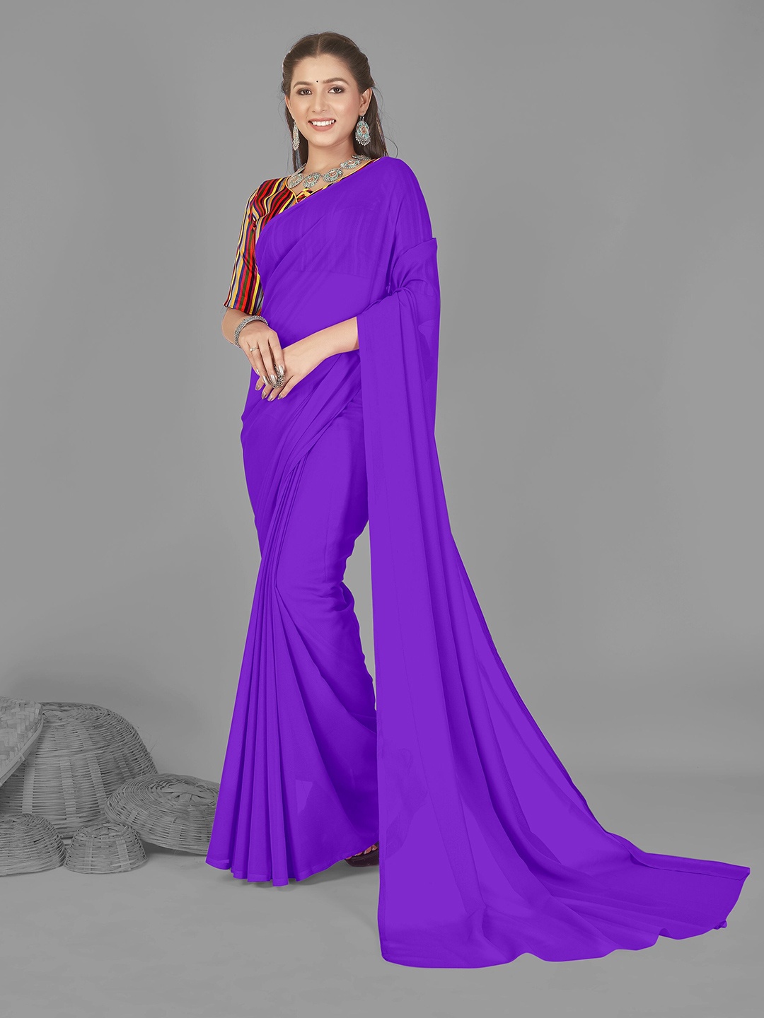 

ANAND SAREES Solid Poly Georgette Saree, Purple