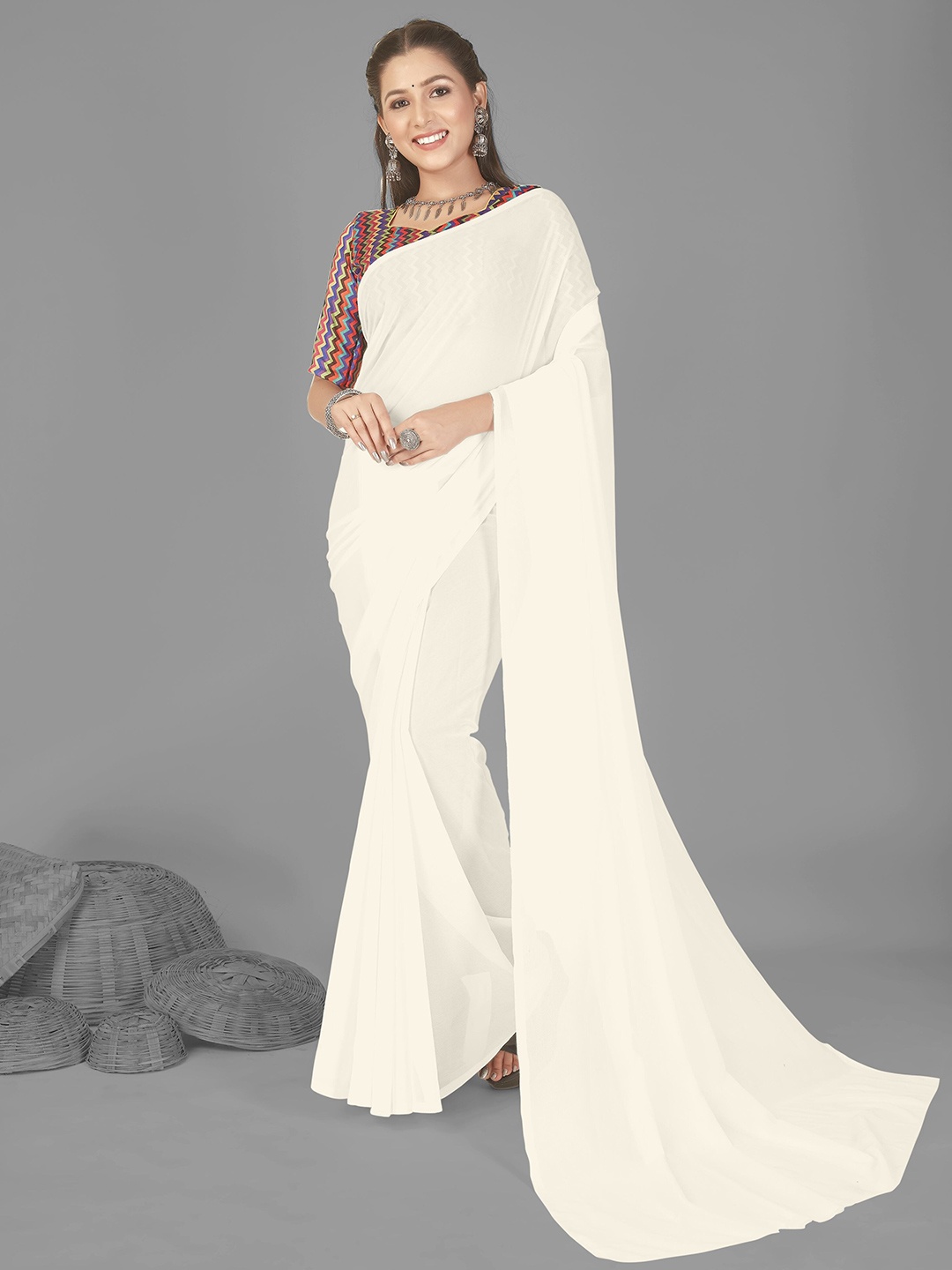 

ANAND SAREES Poly Georgette Saree, White