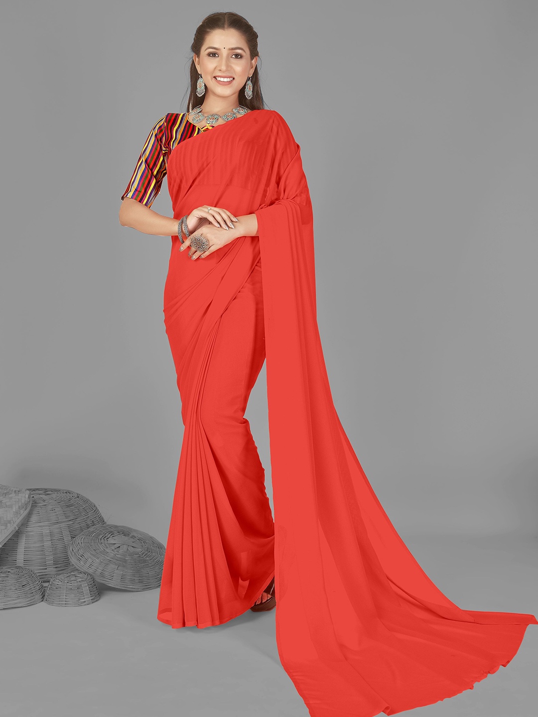 

ANAND SAREES Solid Poly Georgette Saree, Red