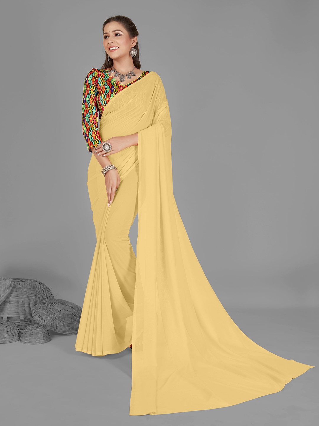 

ANAND SAREES Poly Georgette Saree, Beige