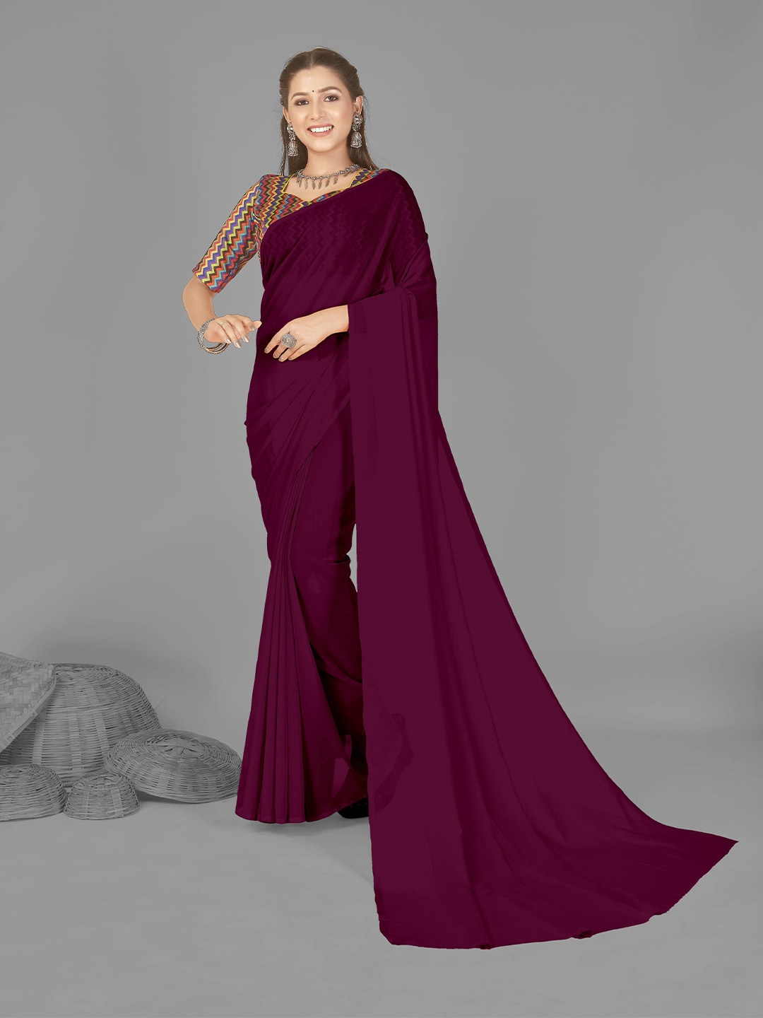 

ANAND SAREES Poly Georgette Saree, Burgundy