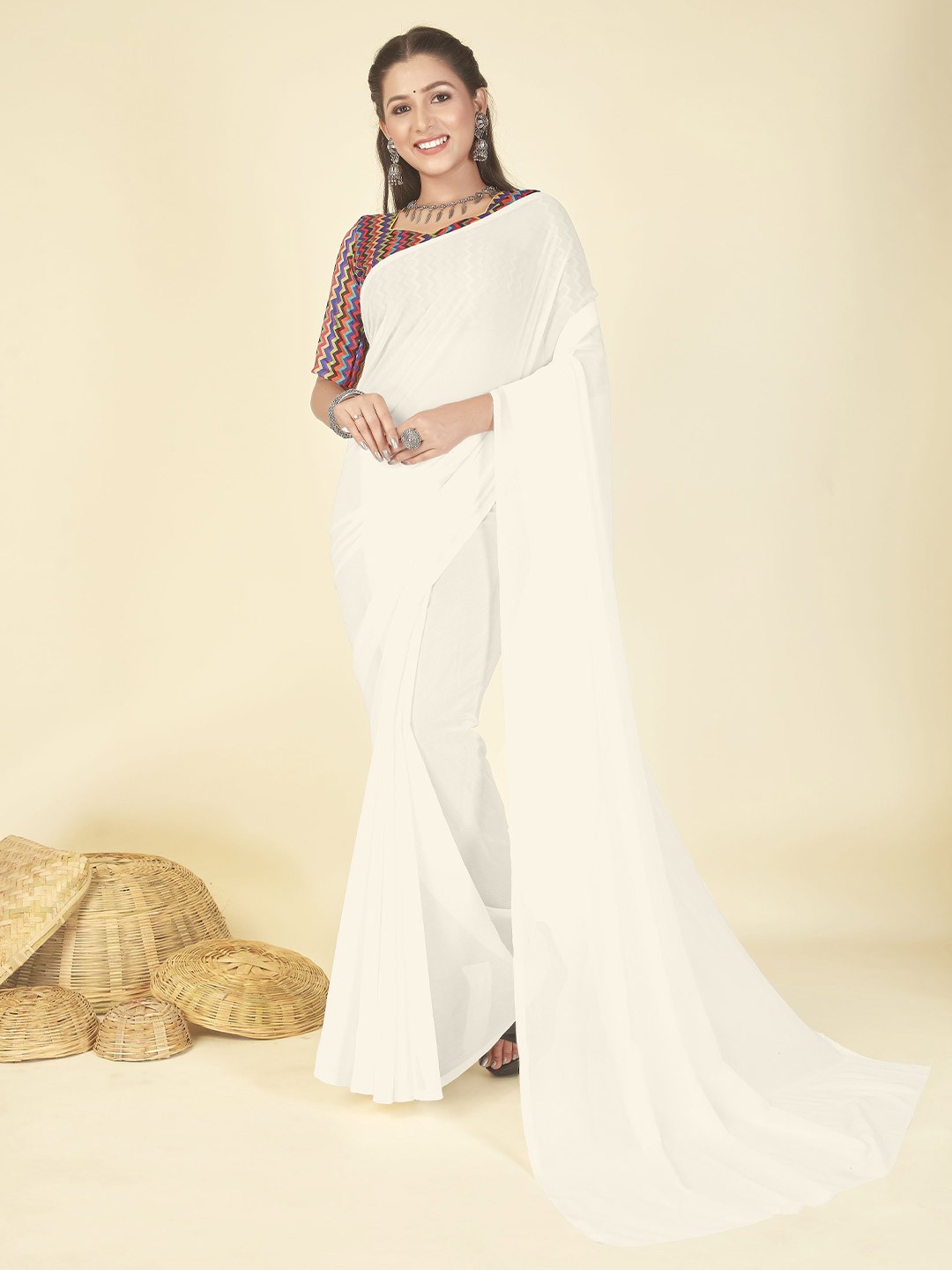 

ANAND SAREES Solid Poly Georgette Saree, White