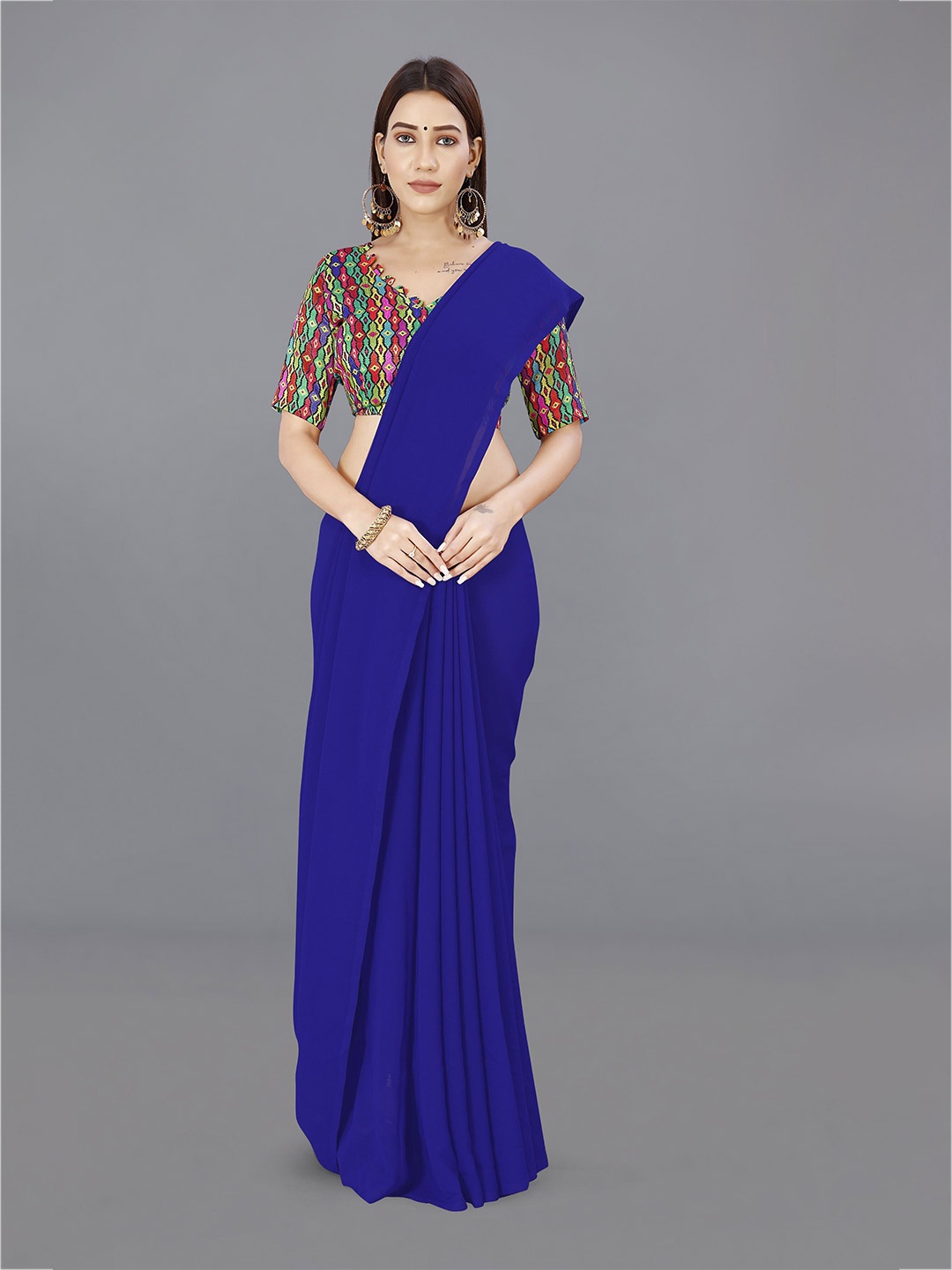 

ANAND SAREES Solid Poly Georgette Saree, Blue