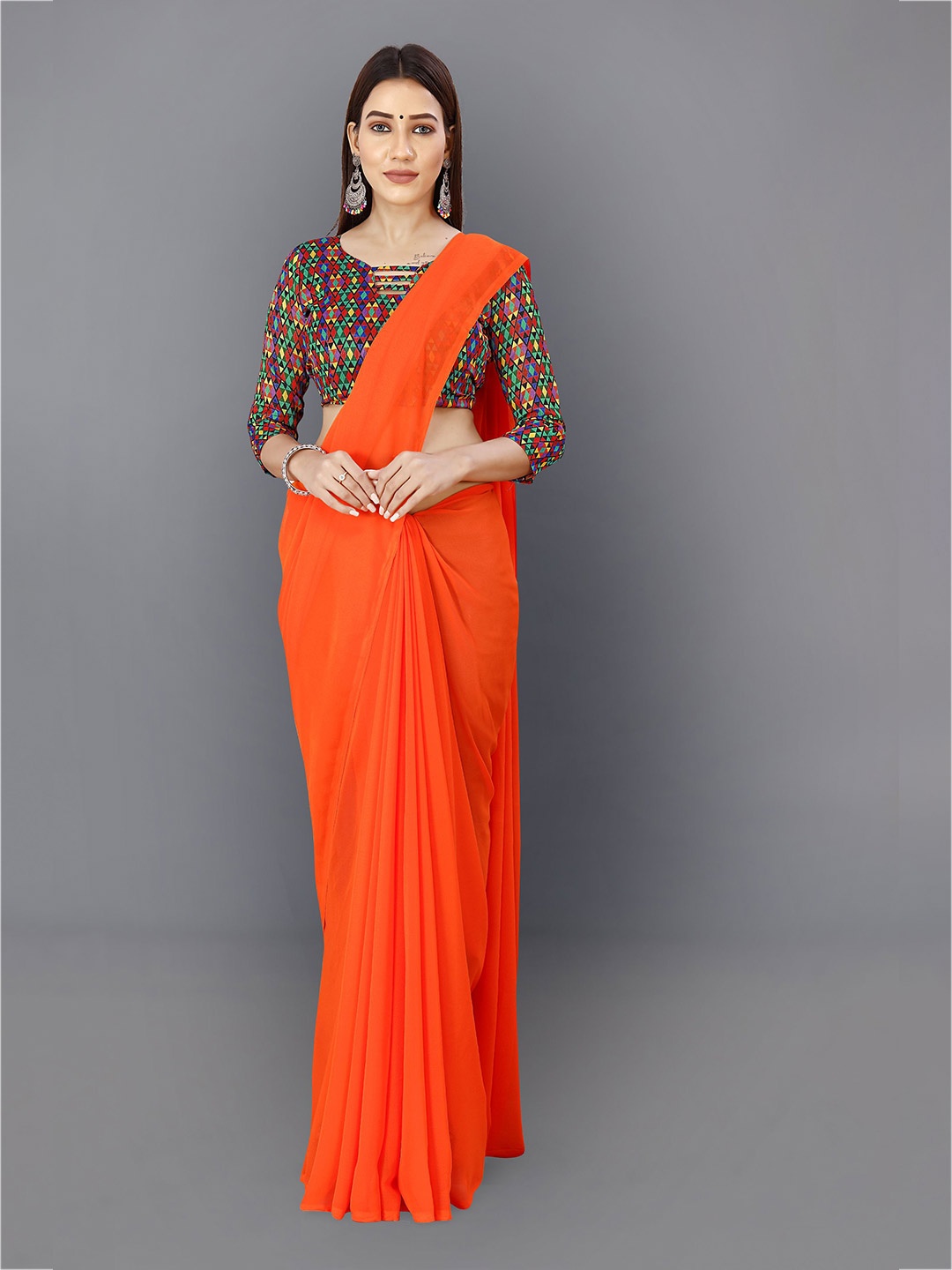 

ANAND SAREES Solid Poly Georgette Saree, Orange