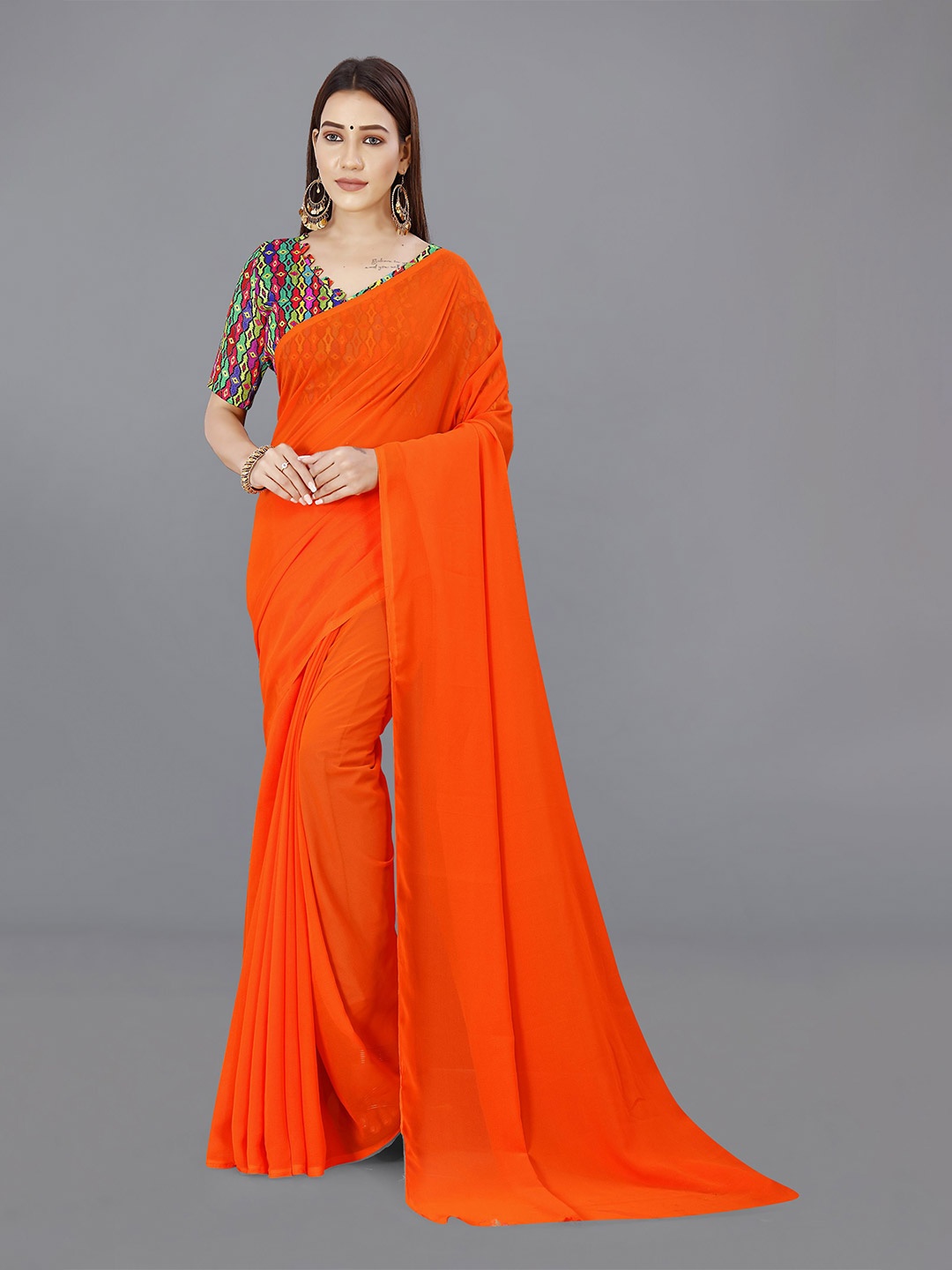 

ANAND SAREES Solid Printed Georgette Saree, Orange