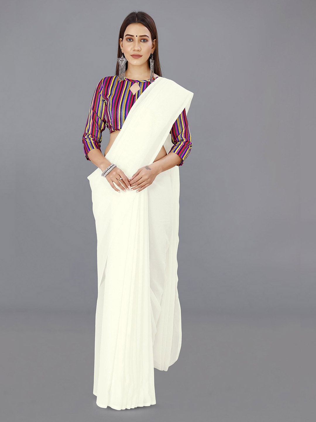 

ANAND SAREES Solid Poly Georgette Saree, White