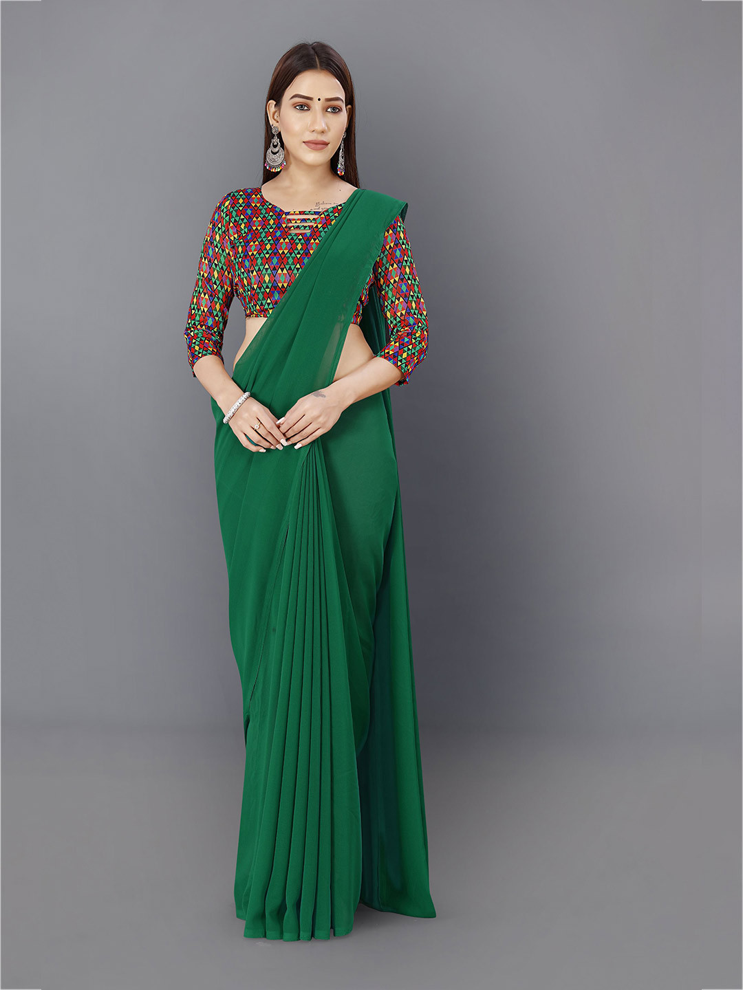 

ANAND SAREES Solid Poly Georgette Saree, Green