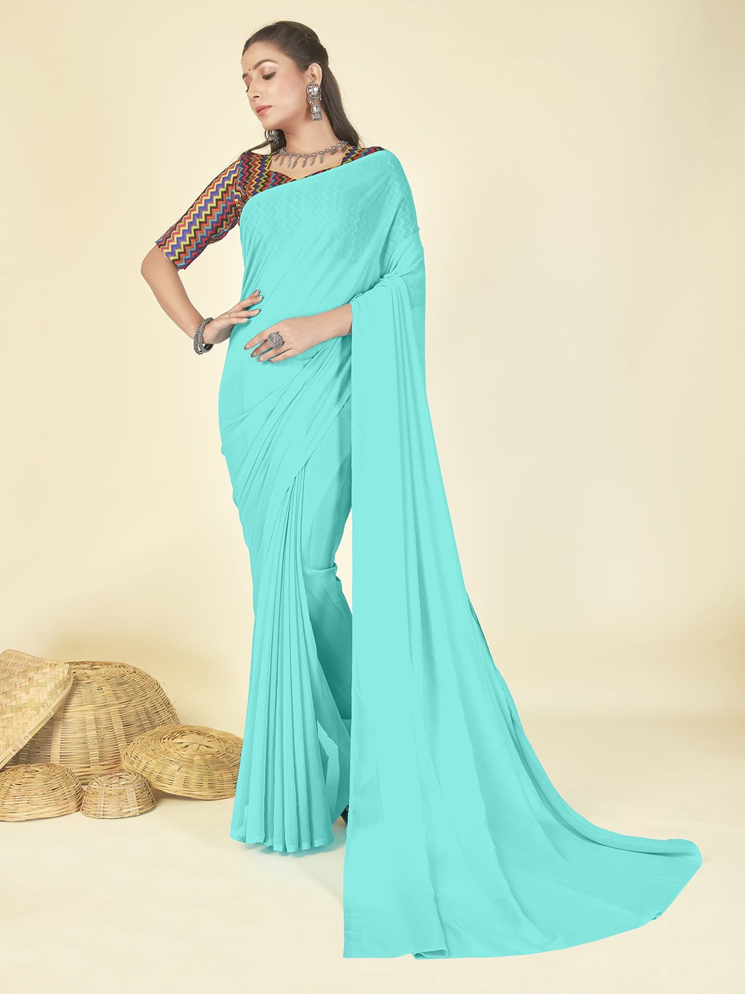 

ANAND SAREES Solid Georgette Saree, Blue