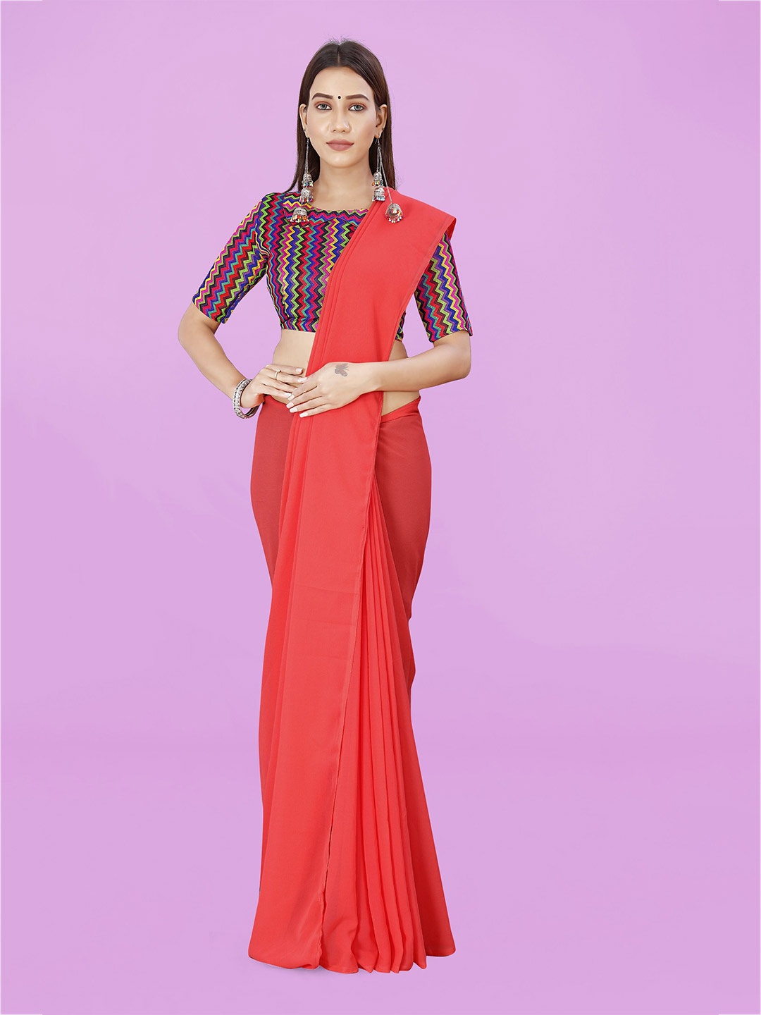 

ANAND SAREES Solid Poly Georgette Saree, Peach