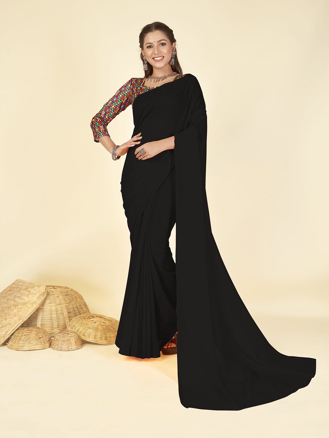 

ANAND SAREES Solid Georgette Saree, Black