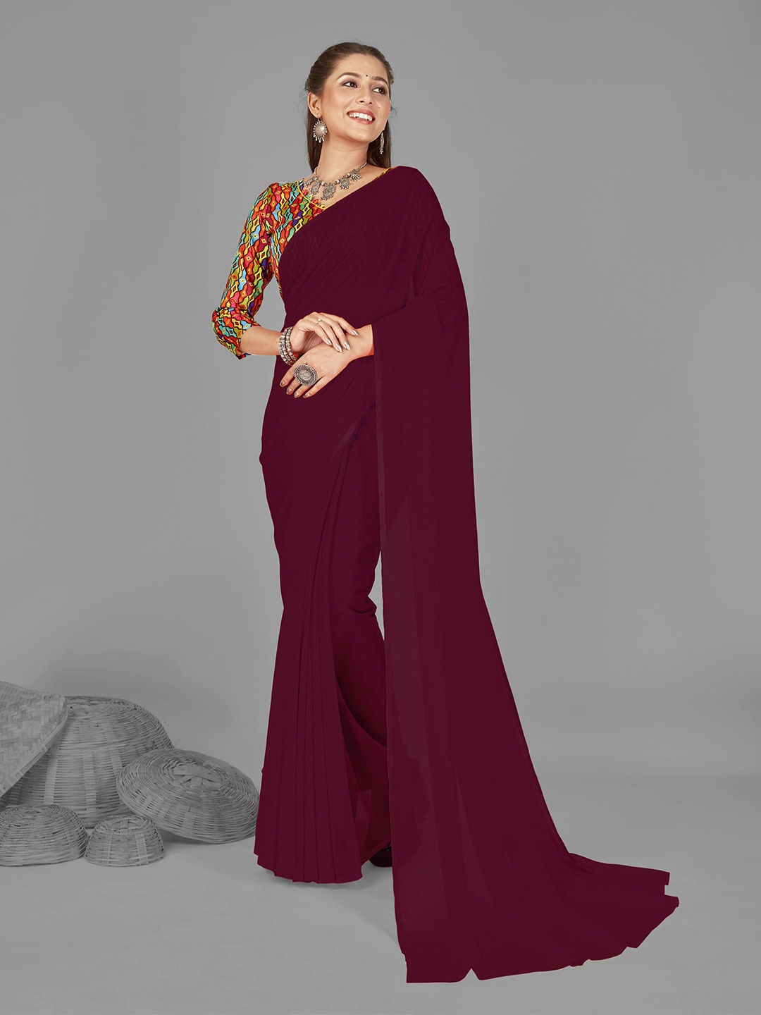 

ANAND SAREES Solid Saree, Brown