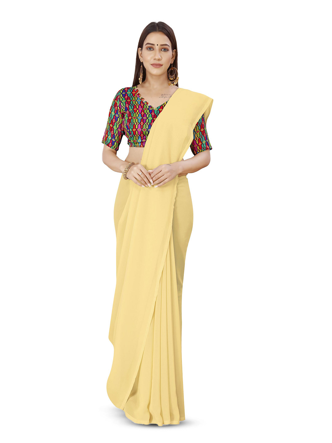 

ANAND SAREES Solid Poly Georgette Saree, Cream