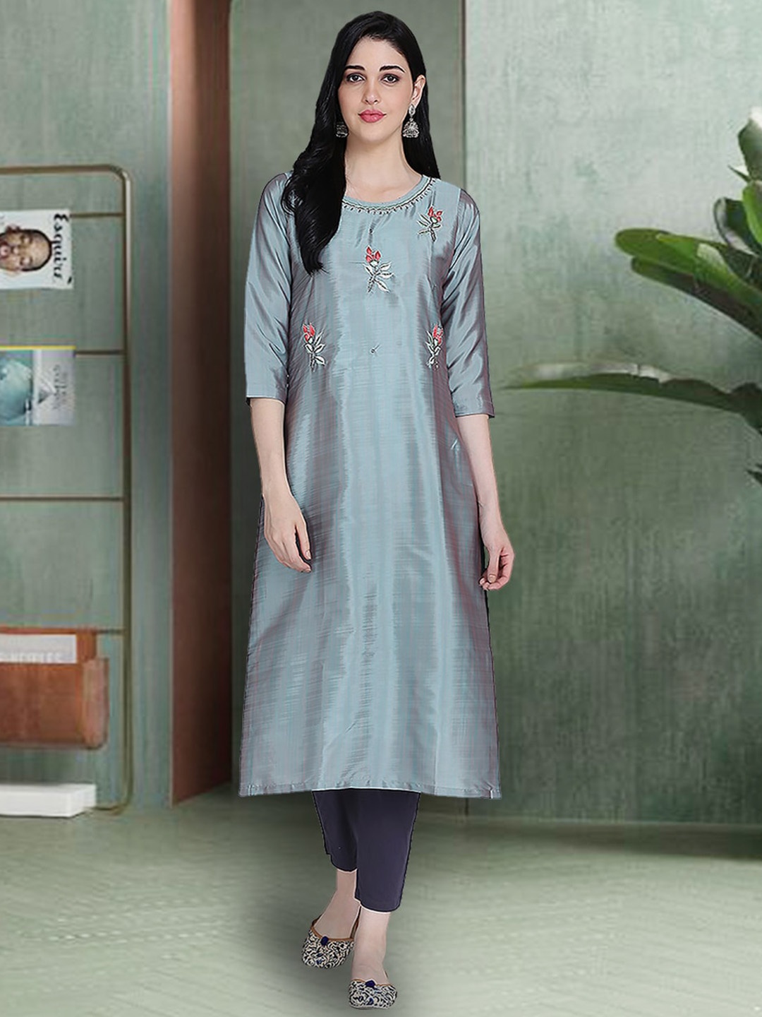 

KALINI Floral Embroidered Pure Silk Straight Kurta, Grey