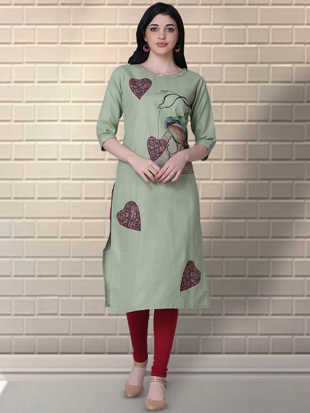 

KALINI Abstract Embroidered Pure Cotton Straight Kurta, Green