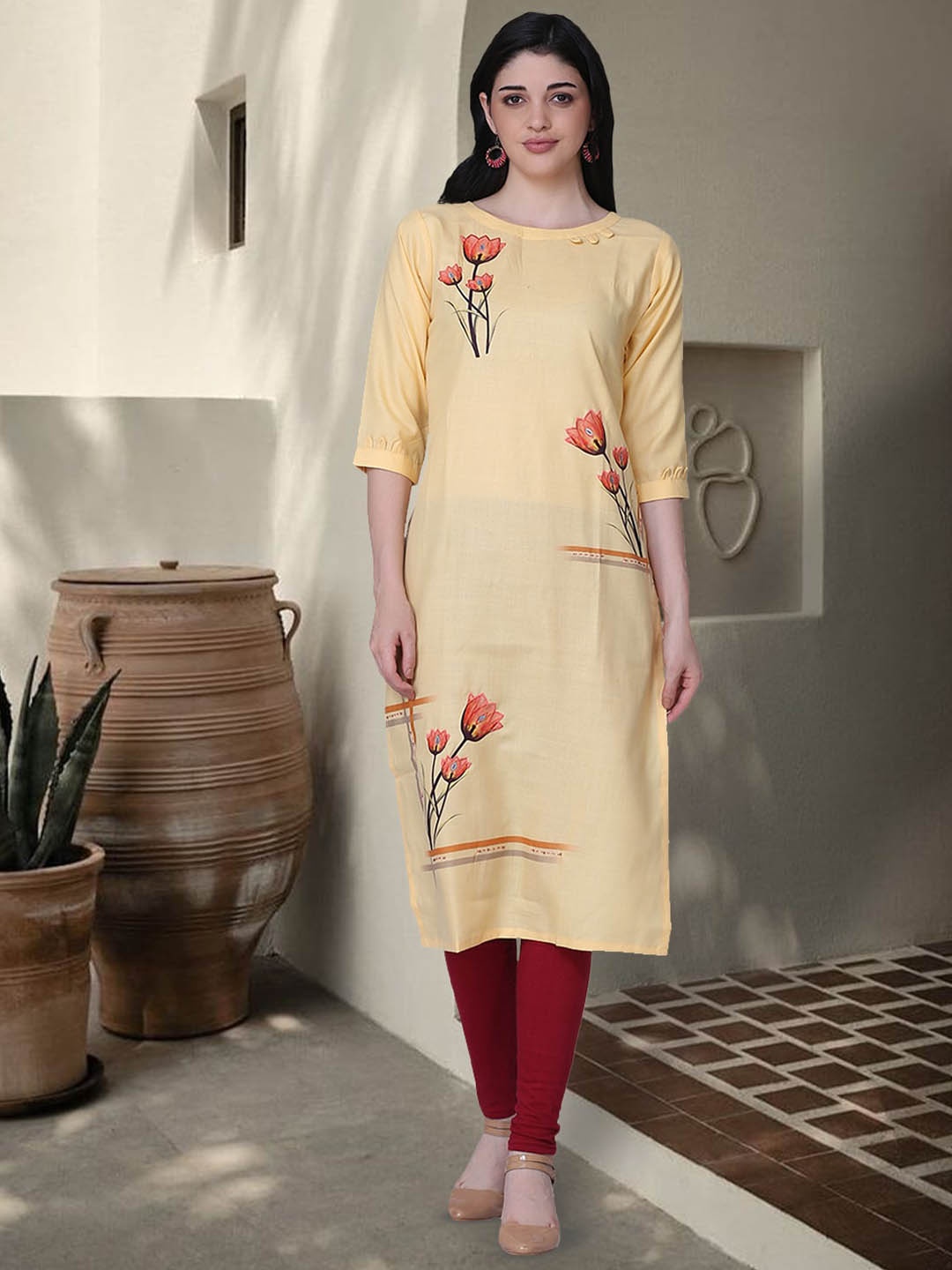 

KALINI Floral Printed Cotton Straight Kurta, Yellow