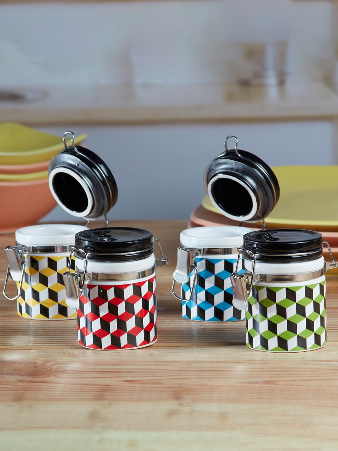 

Kookee Black & Blue 4 Pieces Geometric Printed Ceramic Canisters 100 ml