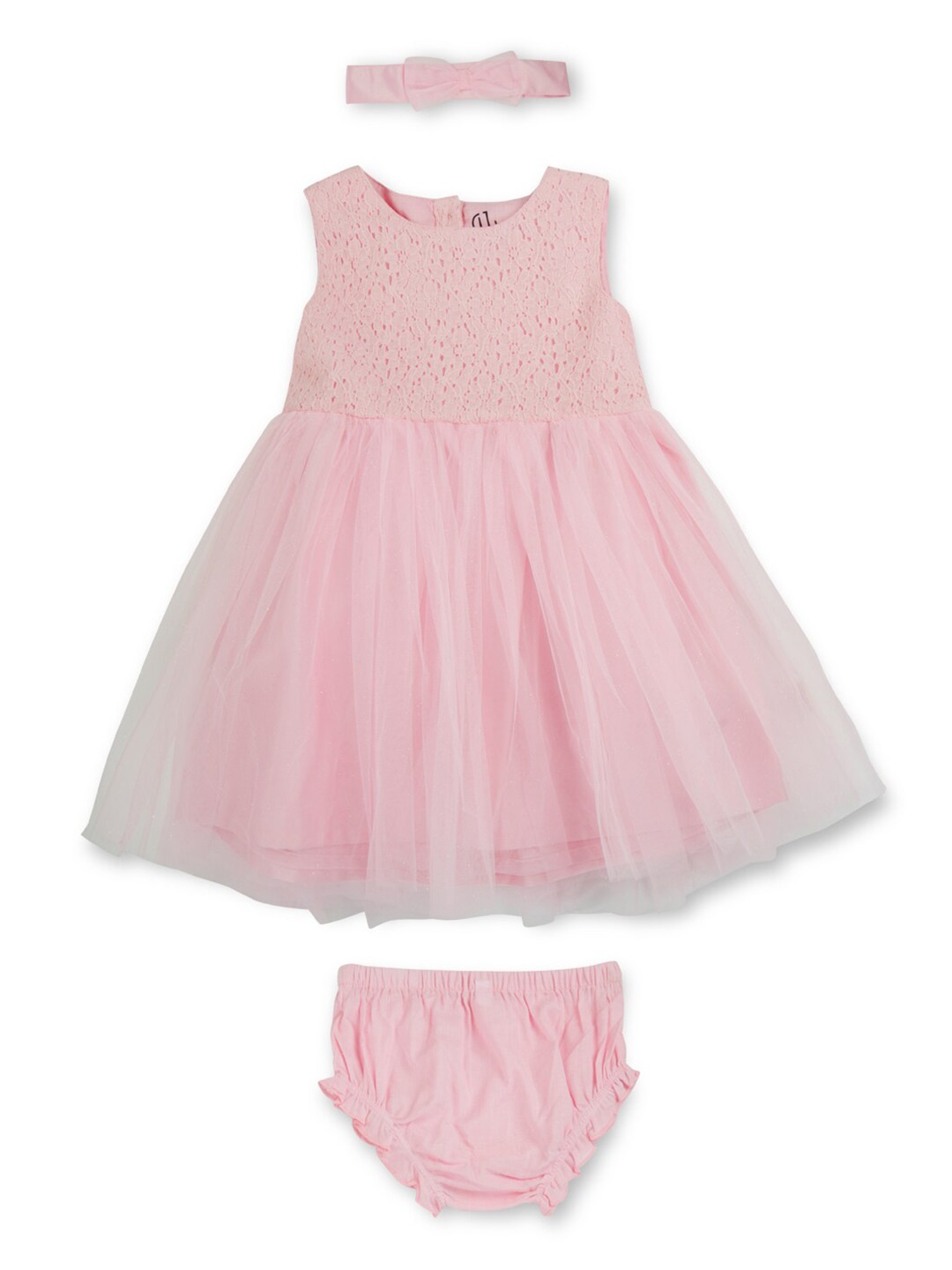 

GJ baby Infant Girls Self Design Sleeveless Silk Fit & Flare Dress With Headband & Brief, Pink