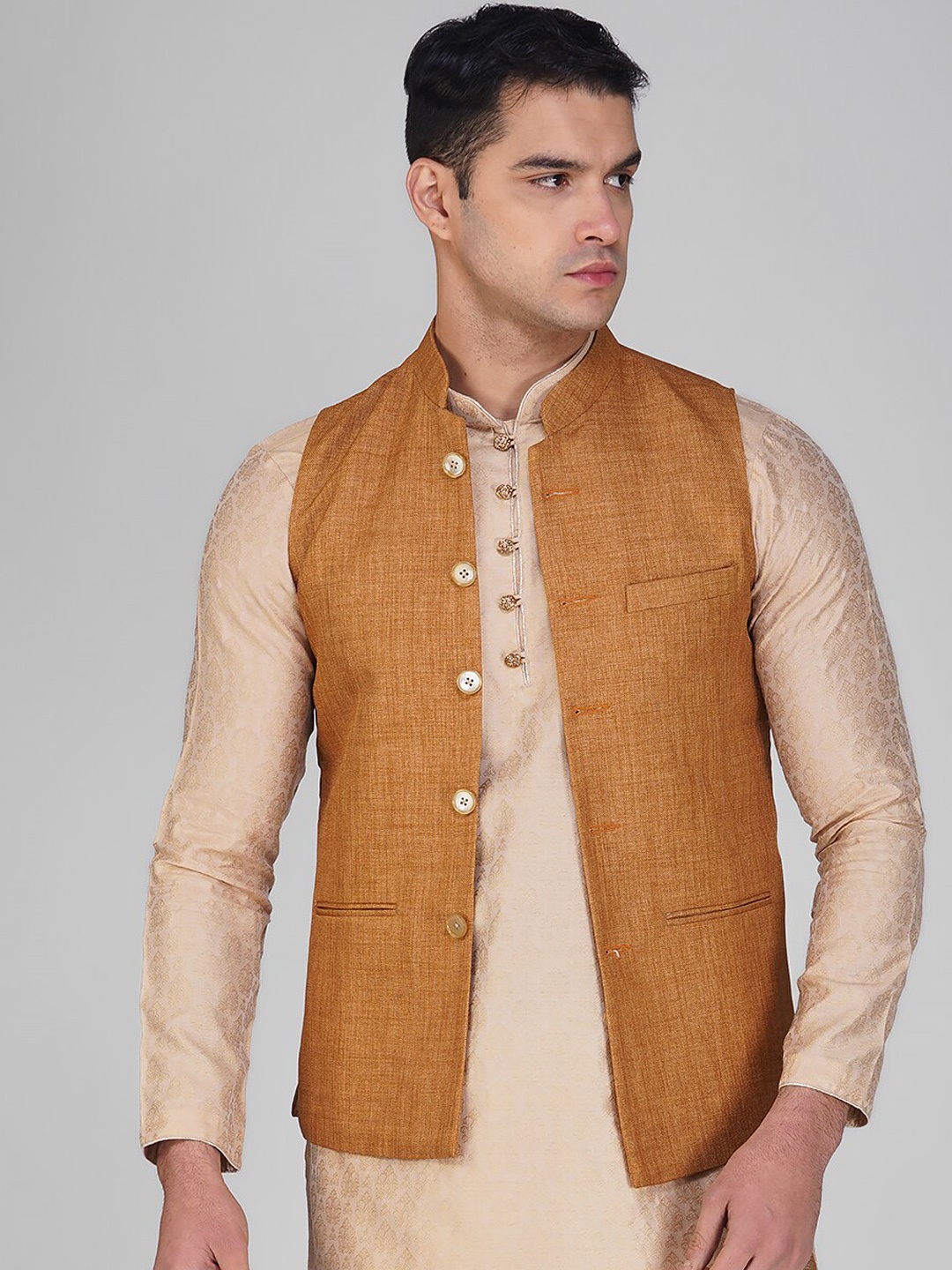 

Vastraa Fusion Mandarin Collar Cotton Nehru Jackets, Brown