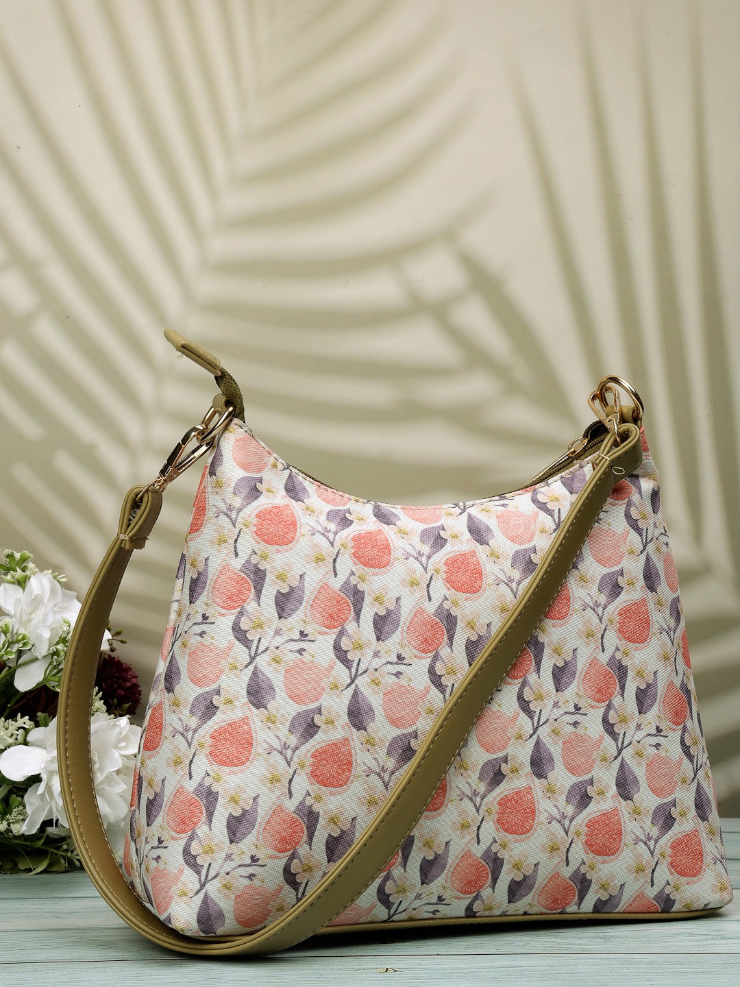 

DressBerry Beige Floral Printed Structured Shoulder Bag