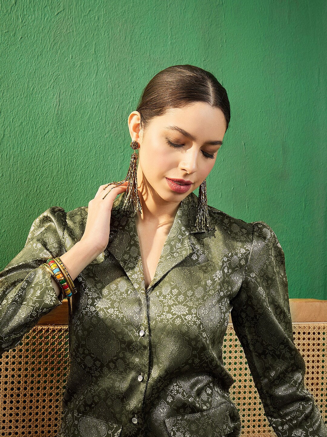 Sangria Floral Printed Lapel Collar Long Sleeve Shirt With Trousers, Olive