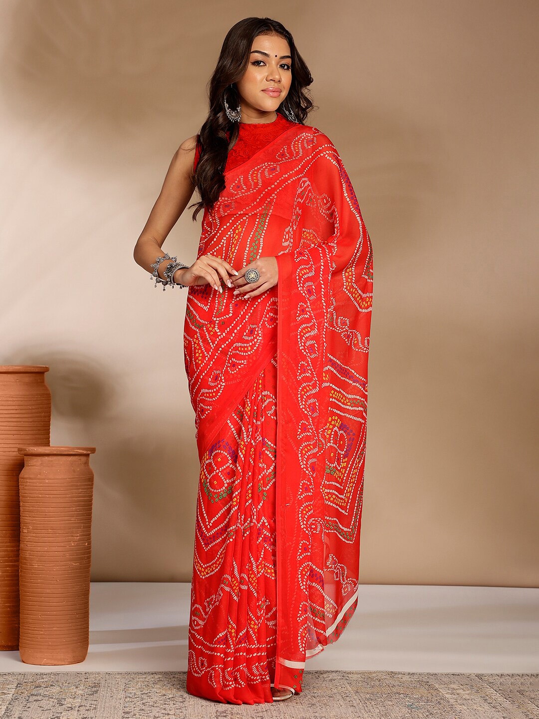 

Anouk Rustic Bandhani Pure Georgette Saree, Red