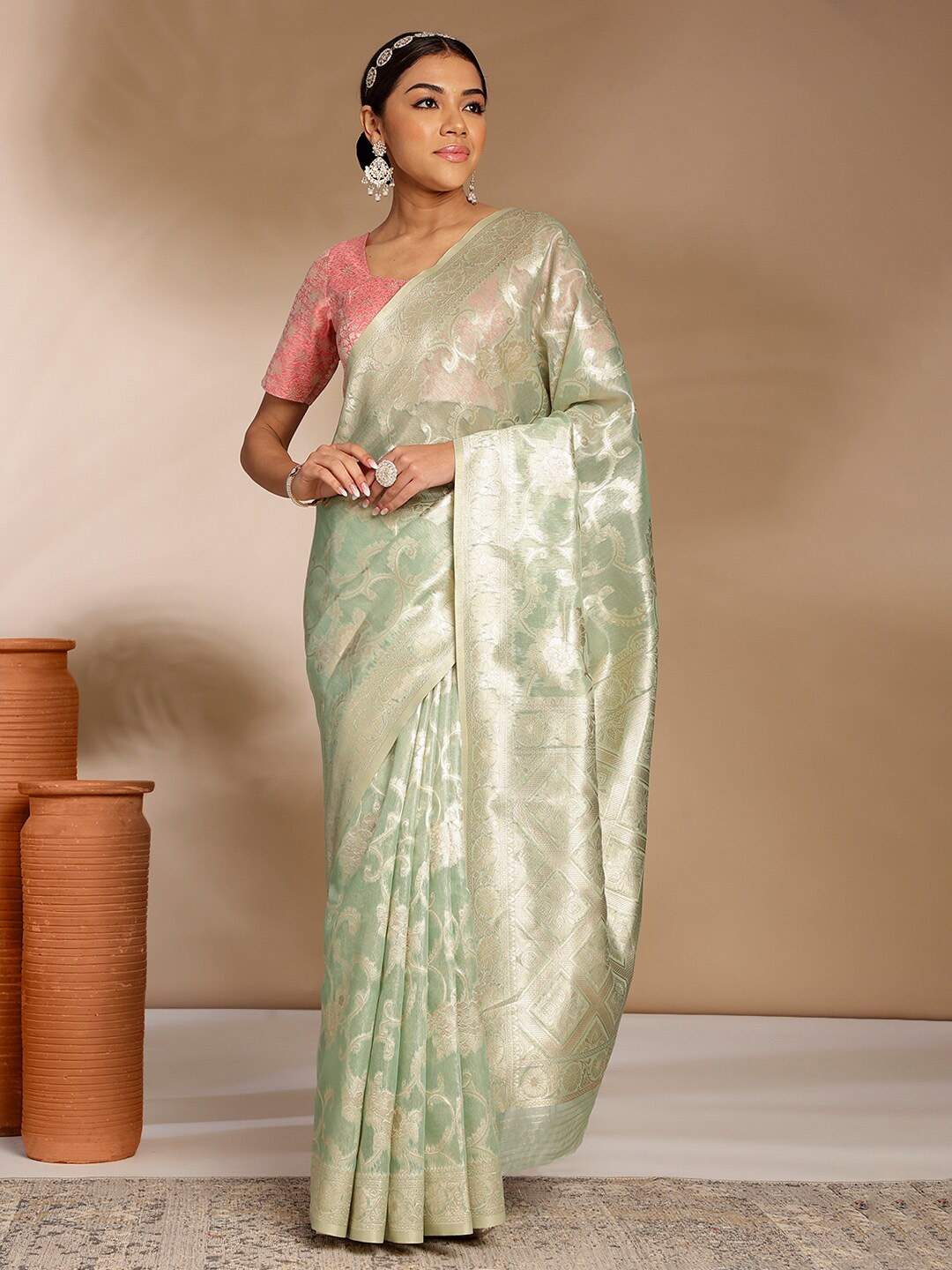 

Anouk Ethnic Motifs Zari Organza Saree, Sea green