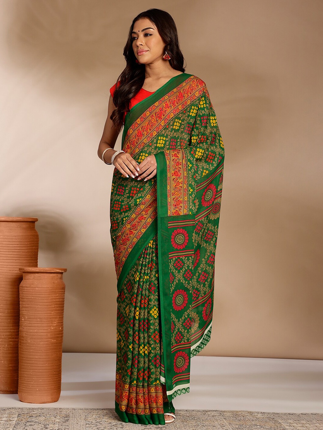 

Anouk Ethnic Motifs Pure Georgette Saree, Green