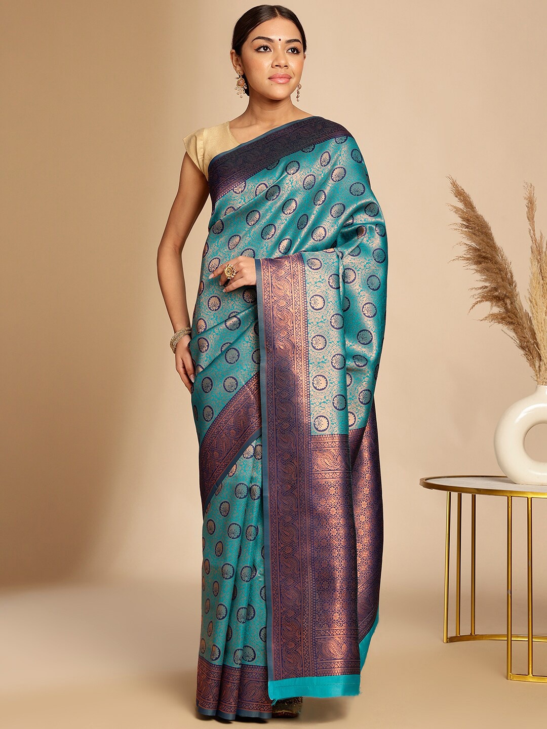 

Anouk Ethnic Woven Design Zari Art Silk Kanjeevaram Saree, Turquoise blue