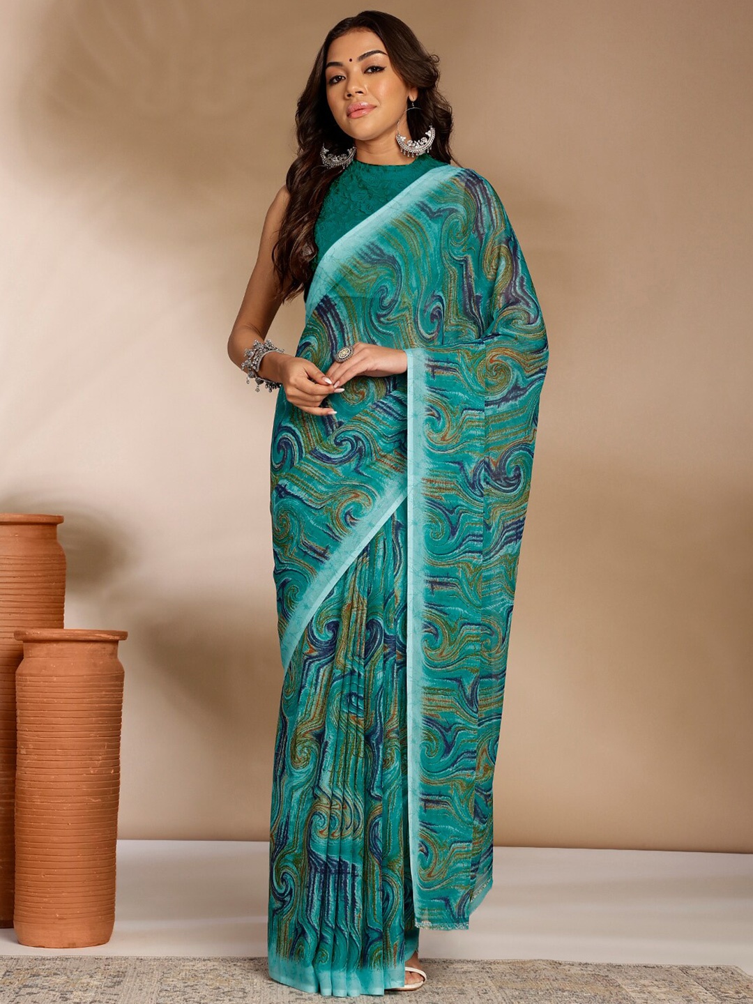 

Anouk Rustic Ethnic Pure Georgette Saree, Turquoise blue