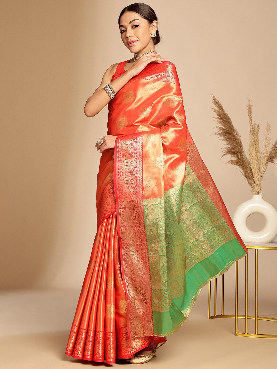

Anouk Floral Woven Design Zari Art Silk Banarasi Saree, Rust